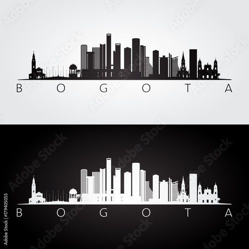 Bogota skyline and landmarks silhouette, black and white design, vector illustration. photo