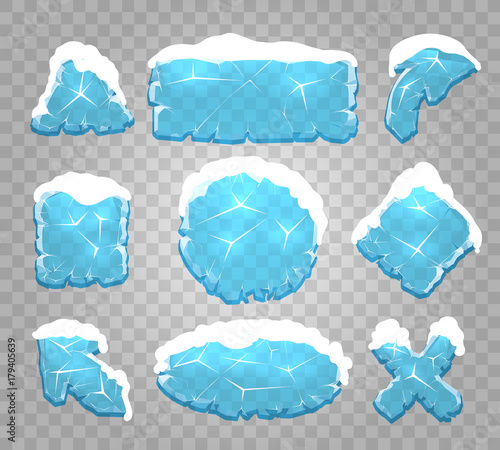 Ice buttons. Icy crystals pannels, diamond glass cold frozen frames vector illustration