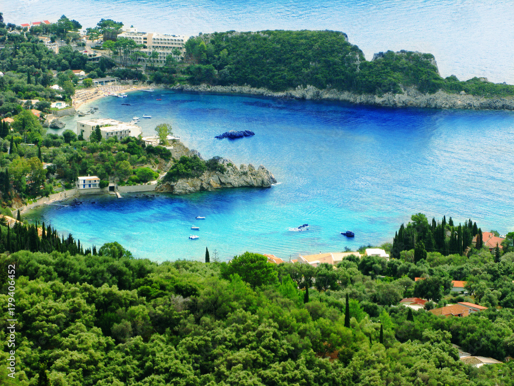 paleokastritsa blue lagoons coast landscape ionian sea on Corfu island