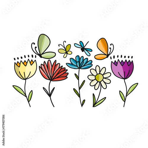 Flowers and butterflies, sketch for your design