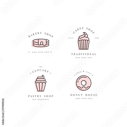 Set vector design templates and emblems - cupcake, donut and bake icon for bakery shop. Sweet shop.