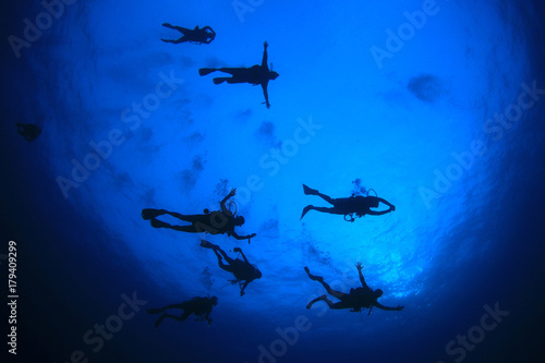 Fototapeta Naklejka Na Ścianę i Meble -  Scuba diving. Scuba divers underwater in ocean