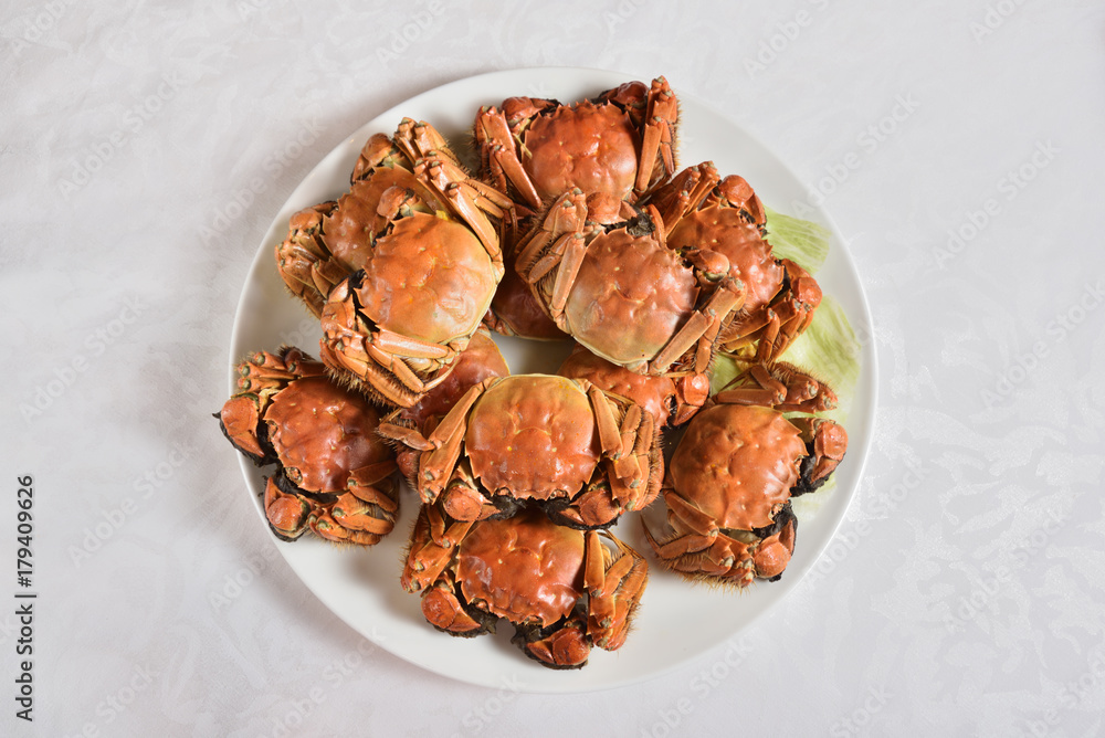 Steamed Chinese hairy crabs on plate Steamed Chinese hairy crabs on plate