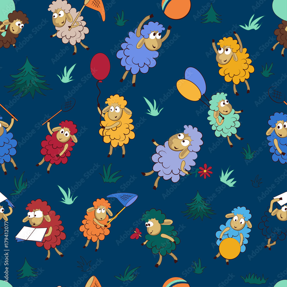 Fototapeta premium Seamless pattern with funny sheep. Seamless background pattern with happy colored sheep for design in a children's theme.