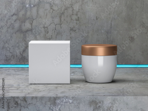 Square whitek box with cosmetic container on concrete table, golden cap, 3d rendering photo