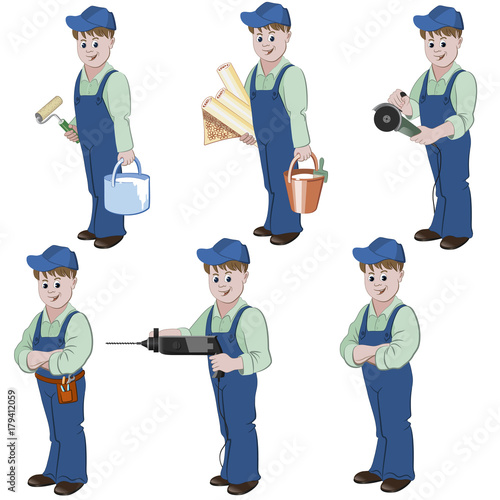 Set of decorator or handyman with equipment for repair such as wallpaper,
basket, glue, angle grinder, perforator, saw.