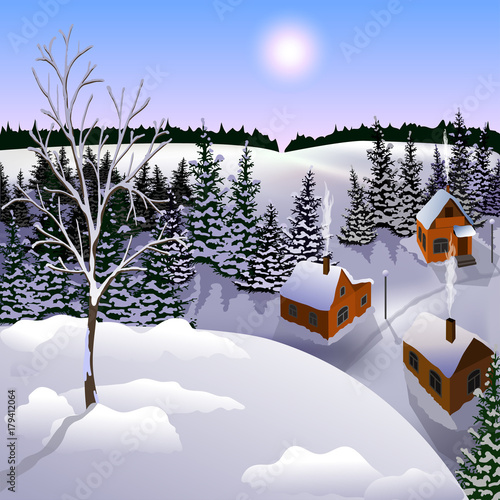 View of landscape of winter town from hill. Day, sun, sky, skyline, forest, houses.