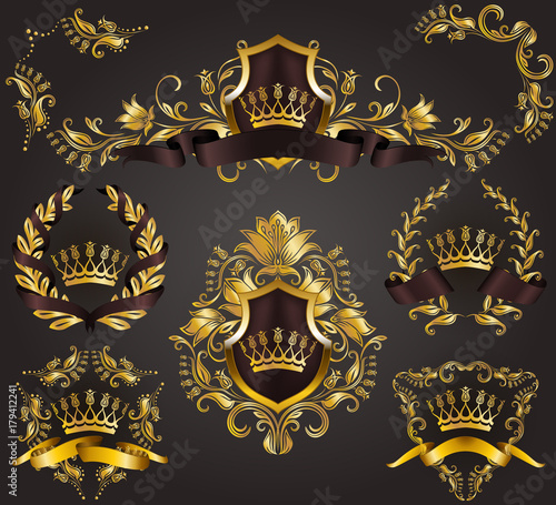 Bild auf Leinwand Set of golden royal shields with floral elements, ribbons, laurel wreaths for page, web design