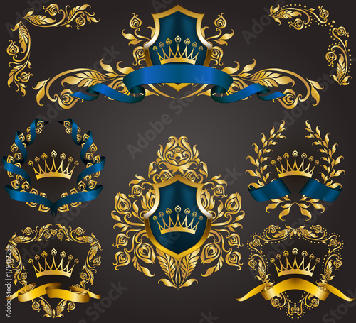 Set of golden royal shields with floral elements, ribbons, laurel wreaths for page, web design. Old frame, border, crown in vintage style for monograms, label, emblem, badge, logo. Illustration EPS10