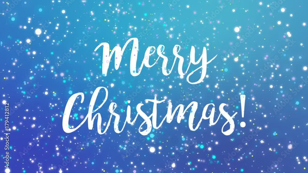 Sparkly Merry Christmas greeting card video animation with falling snowflakes and colorful glitter particles flickering on blue background. Sparkly Merry Christmas greeting card video animation with falling snowflakes and colorful glitter particles flickering on blue background.