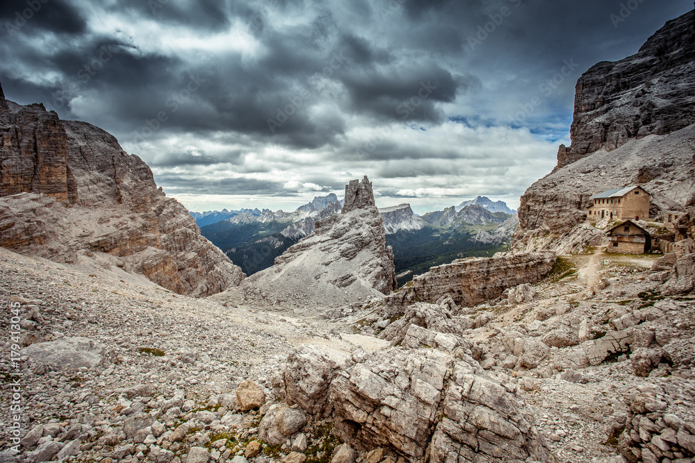 Dolomitic peaks with destroyed mountain hut Fontananegra Pass, Cortina d'Ampezzo, Dolomites, Veneto, Italy