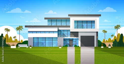 Cottage House Exterior With Backyard Real Estate In Suburb Landscape Flat Vector Illustration