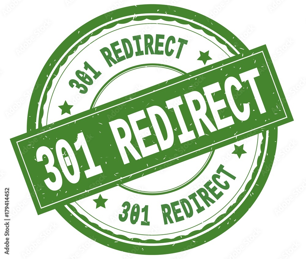 301 REDIRECT , written text on green round rubber stamp. 301 REDIRECT , written text on green round rubber stamp.