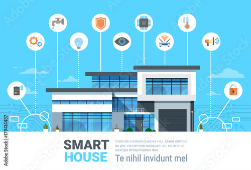 Smart Home Concept Infographics Modern House Technology System With Centralized Control Icons Banner Vector Illustration