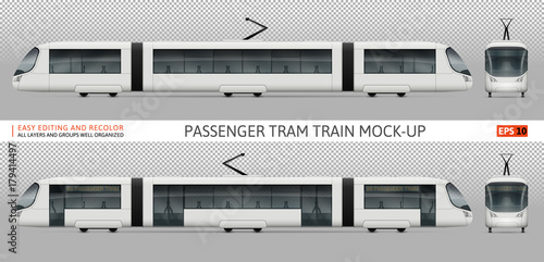 White train vector mock-up for advertising, corporate identity. Isolated tramway template on white. Vehicle branding mockup. All layers and groups well organized for easy editing and recolor.