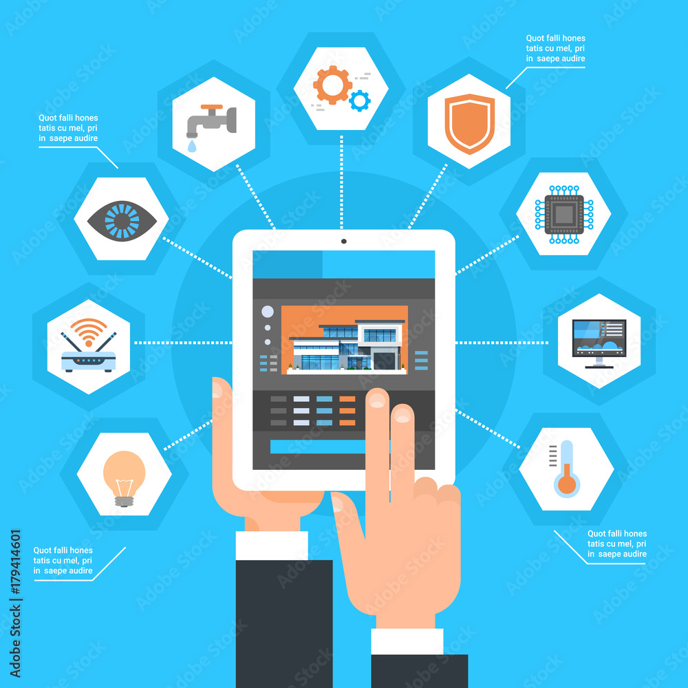 Hand Using Smart Home Control System On Tablet Computer House Monitoring Automation Concept Vector Illustration