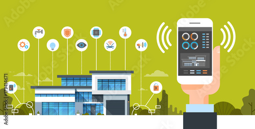 Hand Holding Smartphone With Smart Home System Control Interface Modern House Automation Concept Vector Illustration