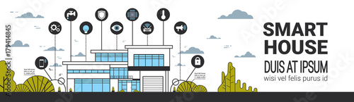 Smart House Infographics Icons Set Modern Home Control System Interface Technology Horizontal Banner Illustration