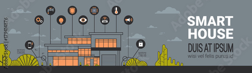 Smart Home Infographics Horizontal Banner Modern House Wireless Control Technology System Concept Vector Illustration