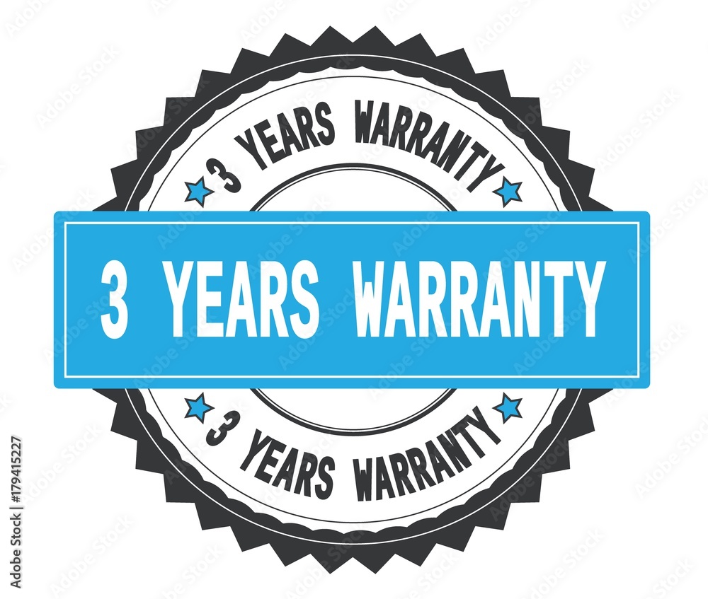 3 YEARS WARRANTY text on grey and cyan round stamp, with zig zag 3 YEARS WARRANTY text on grey and cyan round stamp, with zig zag