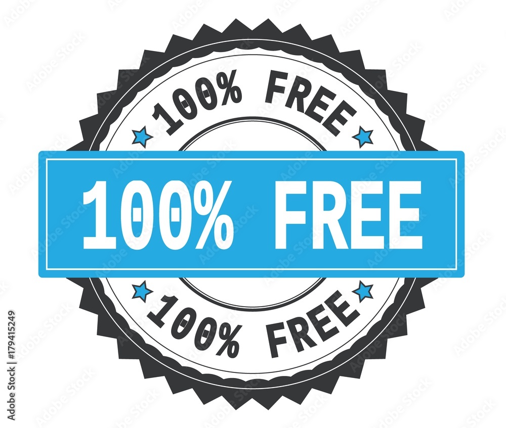 100 PERCENT FREE text on grey and cyan round stamp, with zig za 100 PERCENT FREE text on grey and cyan round stamp, with zig za