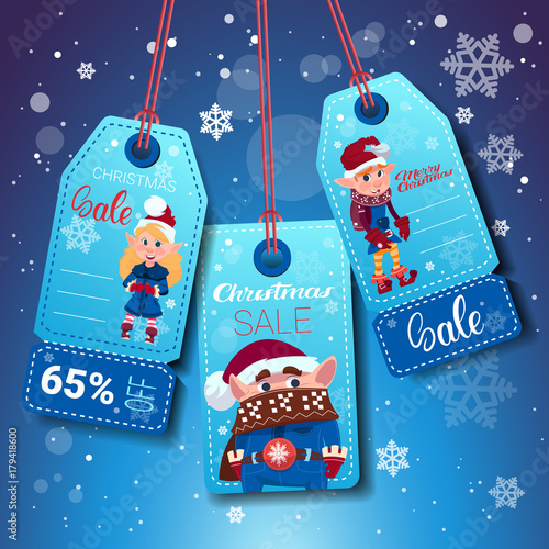 Set Of Christmas And New Year Sale Tags With Elfs On Blue Snowflakes Background Flat Vector Illustration