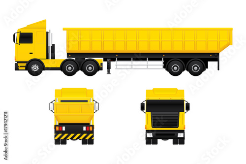 Vector of dump truck in different views isolated on white background.