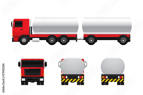 Vector of tank truck in different views isolated on white background.