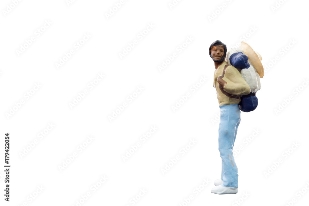 Naklejka premium Miniature Backpacker , Tourist people isolated on white background with clipping path