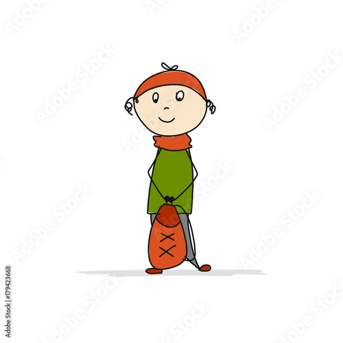 Boy with backpack, sketch for your design