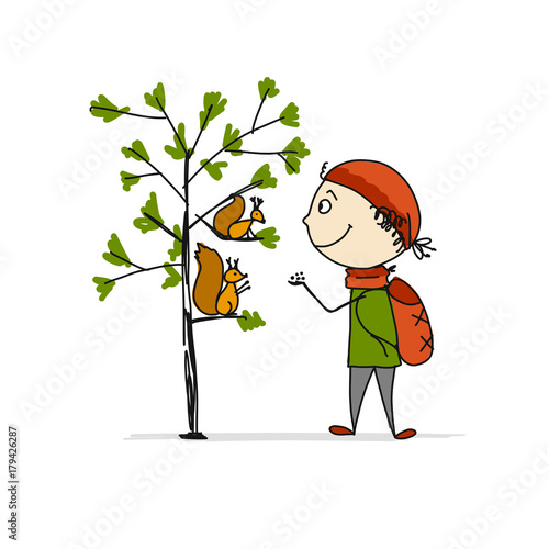 Boy fed squirrels, sketch for your design