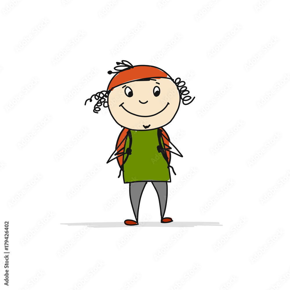 Boy with backpack, sketch for your design Boy with backpack, sketch for your design