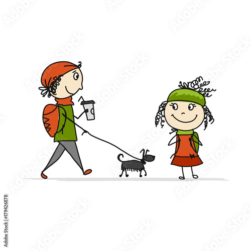 Boy and girl walking with dog, sketch for your design
