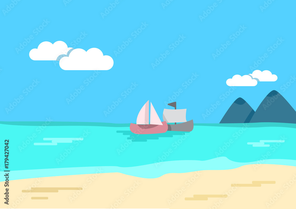 Tropical landscape. Colored background - sea or ocean, sandy shore, mountains, ships. Vector illustration