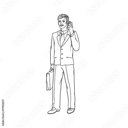 Male businessman in a business suit and a suitcase to talk on the cell phone in hand. Worker in finance and trade. People of professions. Vector black sketch of realistic illustration.