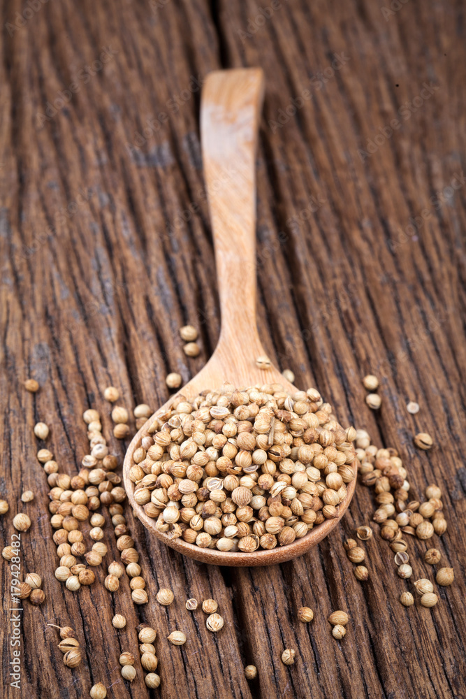 coriander seed in spoon on the old wood table