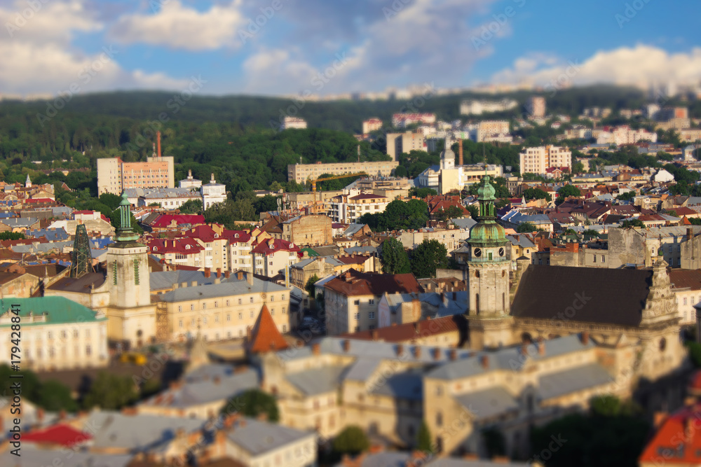 Panorama of Lviv, Ukraine.Center of the city,view from high.Tilt shift effect
