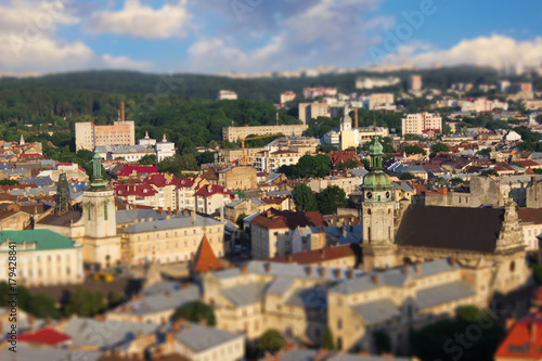 Panorama of Lviv, Ukraine.Center of the city,view from high.Tilt shift effect