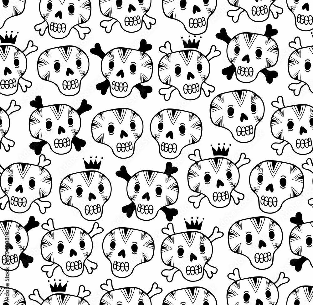 Black and white seamless background with funny skulls. Black and white seamless background with funny skulls.