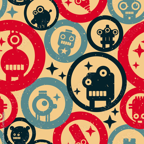Seamless pattern with robots and circles in vintage colors.