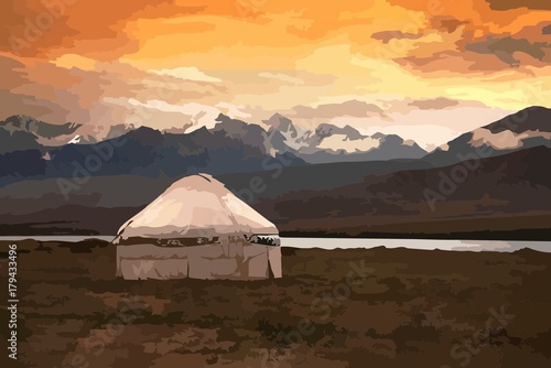 View of Mongolia. Yurts traditional Mongolian dwellings in Mongolian steppe. Mountains on background. Travel sketch. Brush pen graphic art. Hand drawn vintage book illustration, postcard. Vector