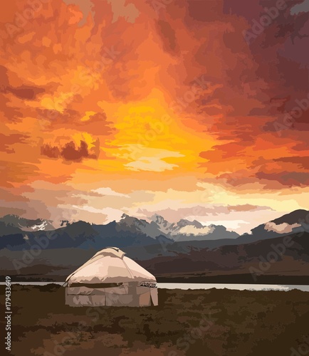 View of Mongolia. Yurts traditional Mongolian dwellings in Mongolian steppe. Mountains on background. Travel sketch. Brush pen graphic art. Hand drawn vintage book illustration, postcard. Vector