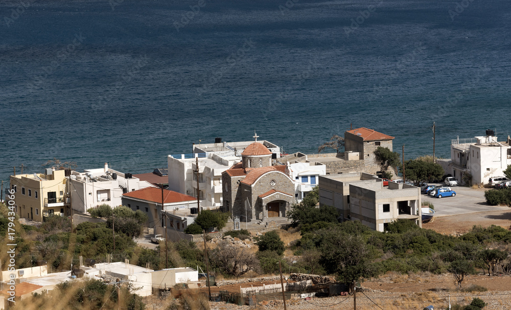 Modern Greek church in the small coastal town of Plaka, Lasithi region of Crete, Greece, October 2017.