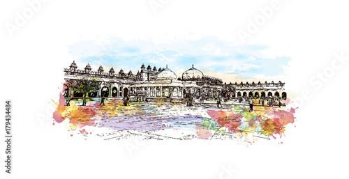 Watercolor sketch with splash of Jamma Masjid (Mosque), Fatehpur Sikri, Uttar Pradesh, India. Vector illustration.