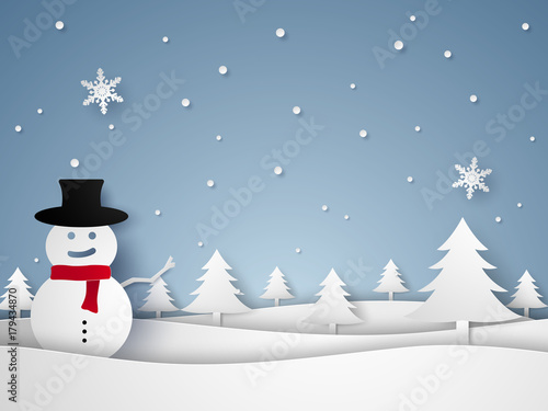 Merry Christmas and Happy New Year , winter landscape with snowman , paper art style
