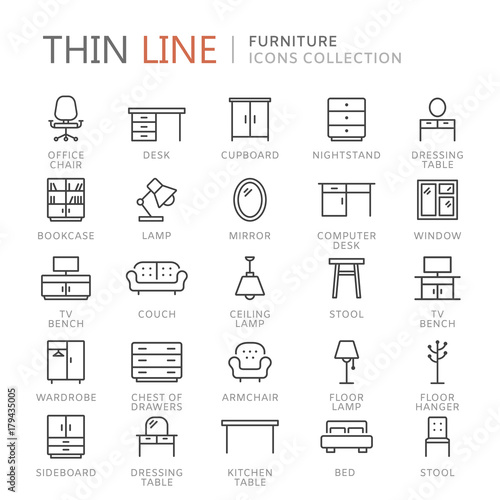 Collection of furniture thin line icons