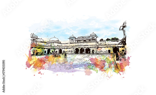 Watercolor sketch with splash of Jodha Bai Palace, Fatehpur Sikri, Uttar Pradesh, India. Vector illustration.