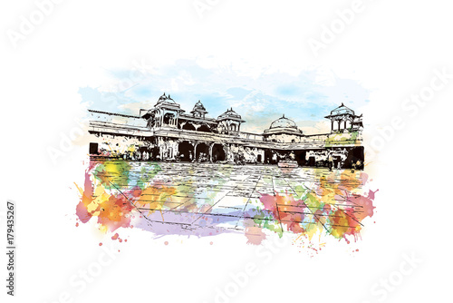 Watercolor sketch with splash of Jodha Bai Palace, Fatehpur Sikri, Uttar Pradesh, India. Vector illustration.