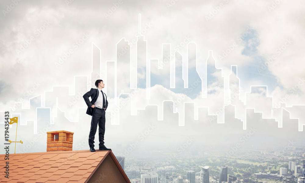 Mister boss on brick roof with arms akimbo. Mixed media