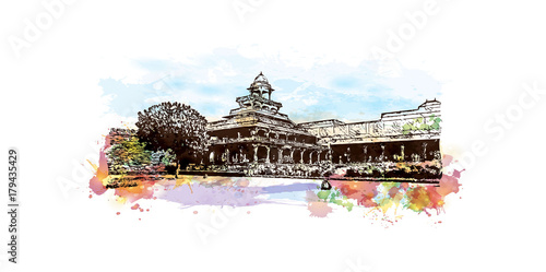Watercolor sketch with splash of Jodha Bai Palace, Fatehpur Sikri, Uttar Pradesh, India. Vector illustration.
